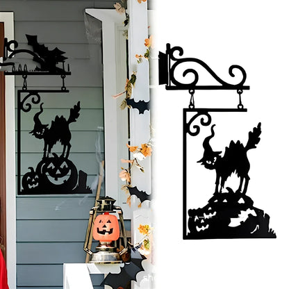 Halloween courtyard metal decorations with four silhouette designs including witch, cat, ghost, and broom measuring 26x18cm