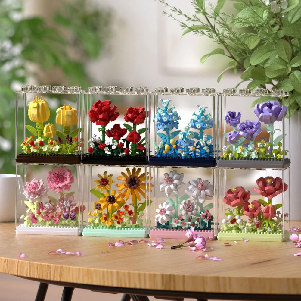 Eternal Flower Basket building blocks set with eight floral designs in colour box packaging