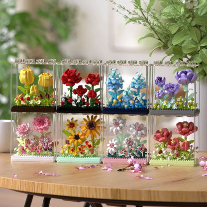 Eternal Flower Basket building blocks set with eight floral designs in colour box packaging