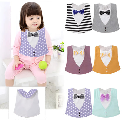 Adjustable baby bow tie bib in four-layer waterproof design, free size, shown in a choice of colour prints