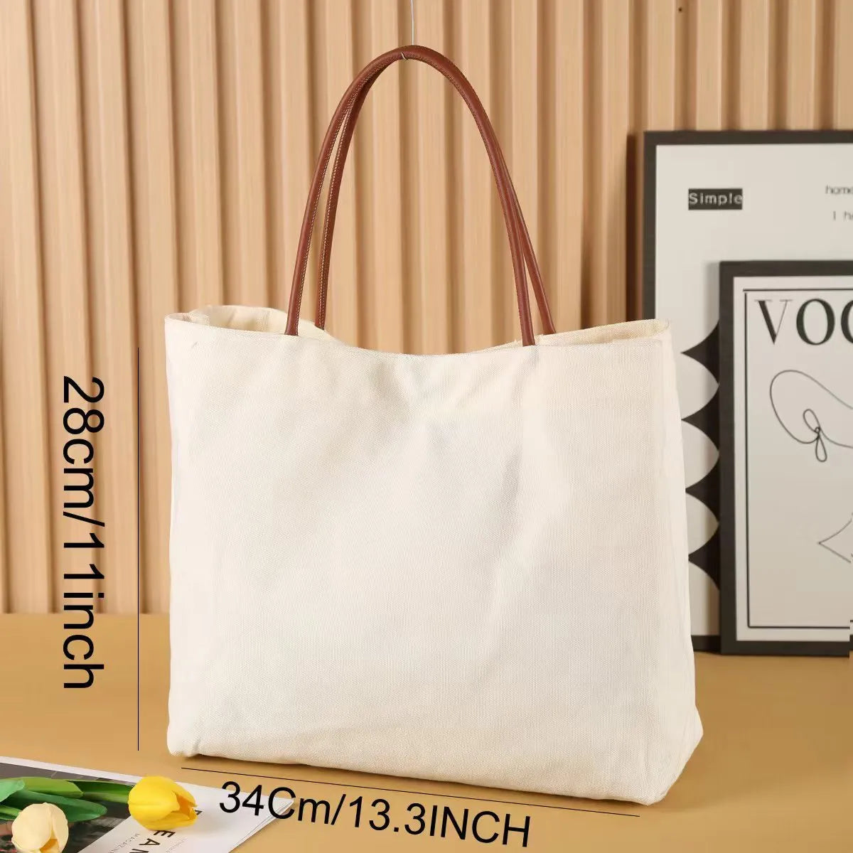 Natural cotton canvas tote bag with strong handles in beige white colour