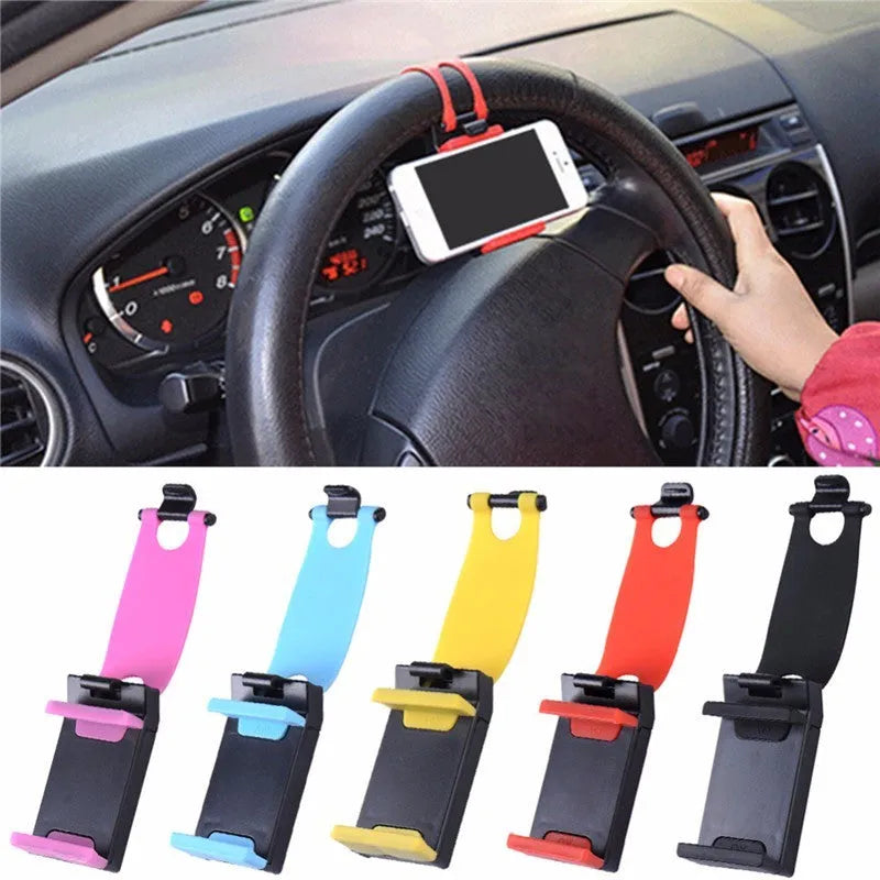 Black steering wheel phone holder with 75mm clip mounted on car wheel holding smartphone