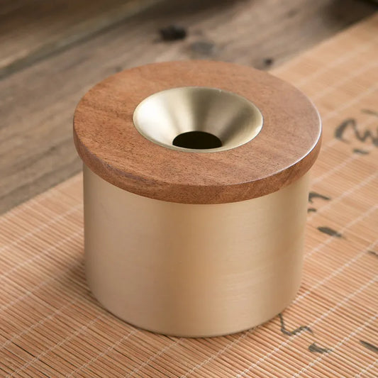 Creative retro brass ashtray with wooden lid on blackwood or rosewood, solid copper body, central hole design