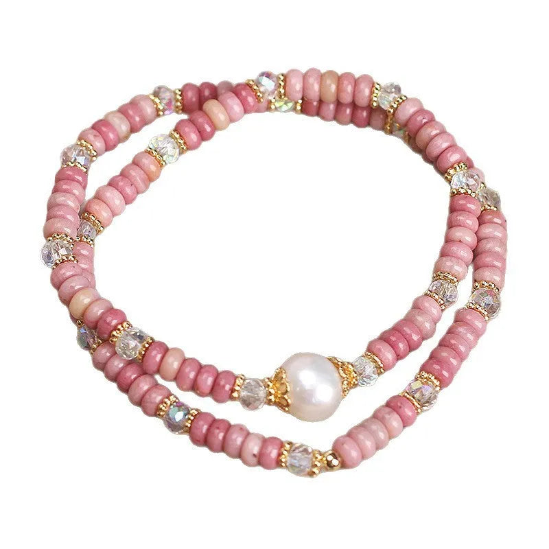 Natural colour hair crystal bracelet with red rhodochrosite double circle, pearl and chalcedony lotus seedpod pendant for women