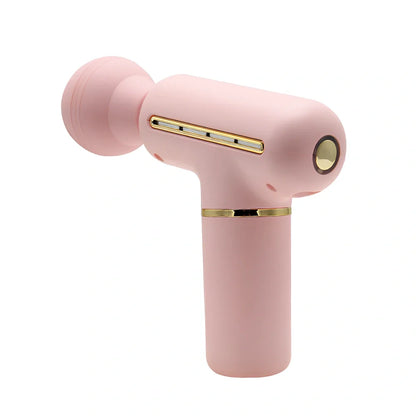 Green portable massage gun showing 20cm length with USB charging port and intensity controls