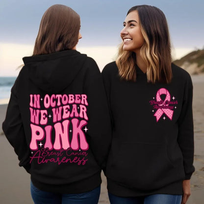 Breast cancer awareness pullover hoodie with a retro art hot stamp print and side seam pockets in khaki.