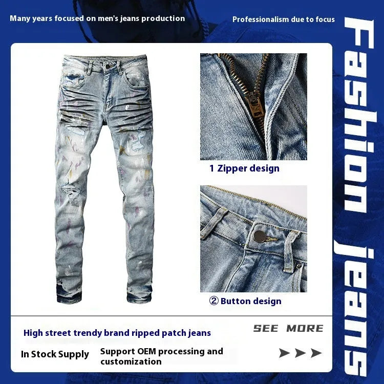 Men's light blue ripped slim fit jeans with tapered leg, double layer belt and zipper fly, sizes 28-40.