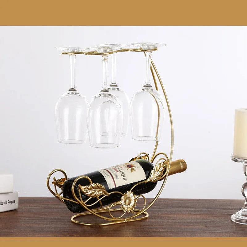 Iron wire wine rack holding four wine glasses, European style, bronze or gold finish.