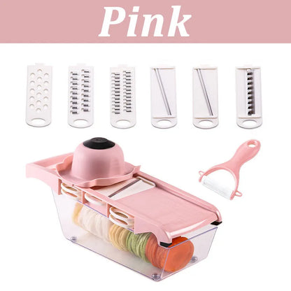 Multifunctional vegetable cutter with seven stainless steel blades on a food-grade plastic body.