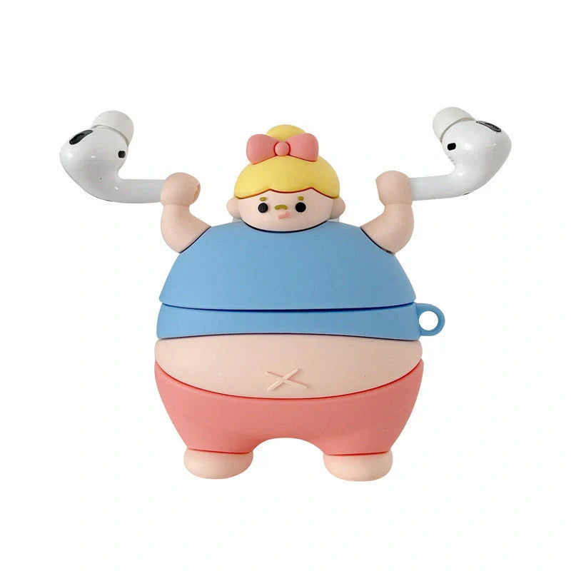 3D Cute Little Fat Man Lifting Weights Silicone Case for AirPods Pro in green and blue
