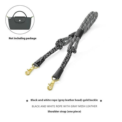 Braided rope shoulder strap with alloy hardware in silver or gold finish options