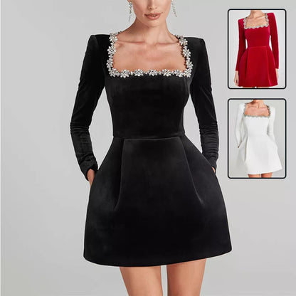 Square neck long-sleeved A-line dress with floral rhinestone design in black, white, and red