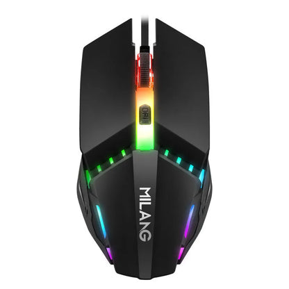 Black one-handed mechanical keyboard and mouse set with a 1.5 metre USB cable on a desktop.