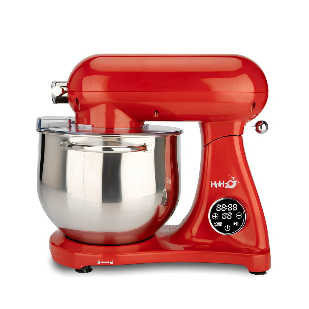 Red SM-1522ML stand mixer with metal body, digital controls, and stainless steel mixing bowl on kitchen counter