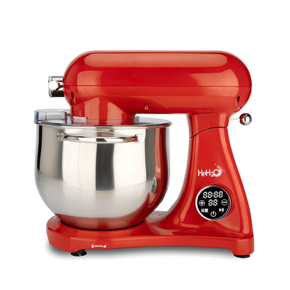 Red SM-1522ML stand mixer with metal body, digital controls, and stainless steel mixing bowl on kitchen counter