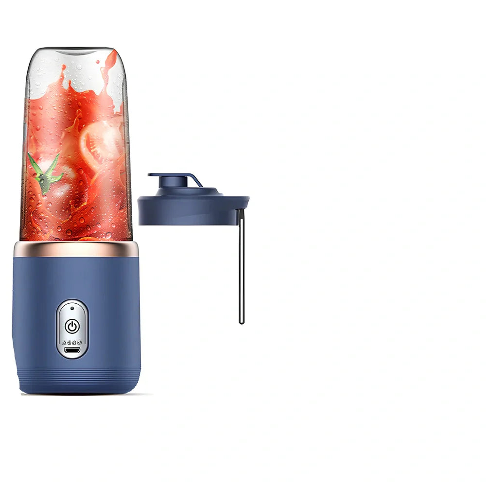 Portable juicer cup in sapphire blue with 400ml capacity and USB charging cable