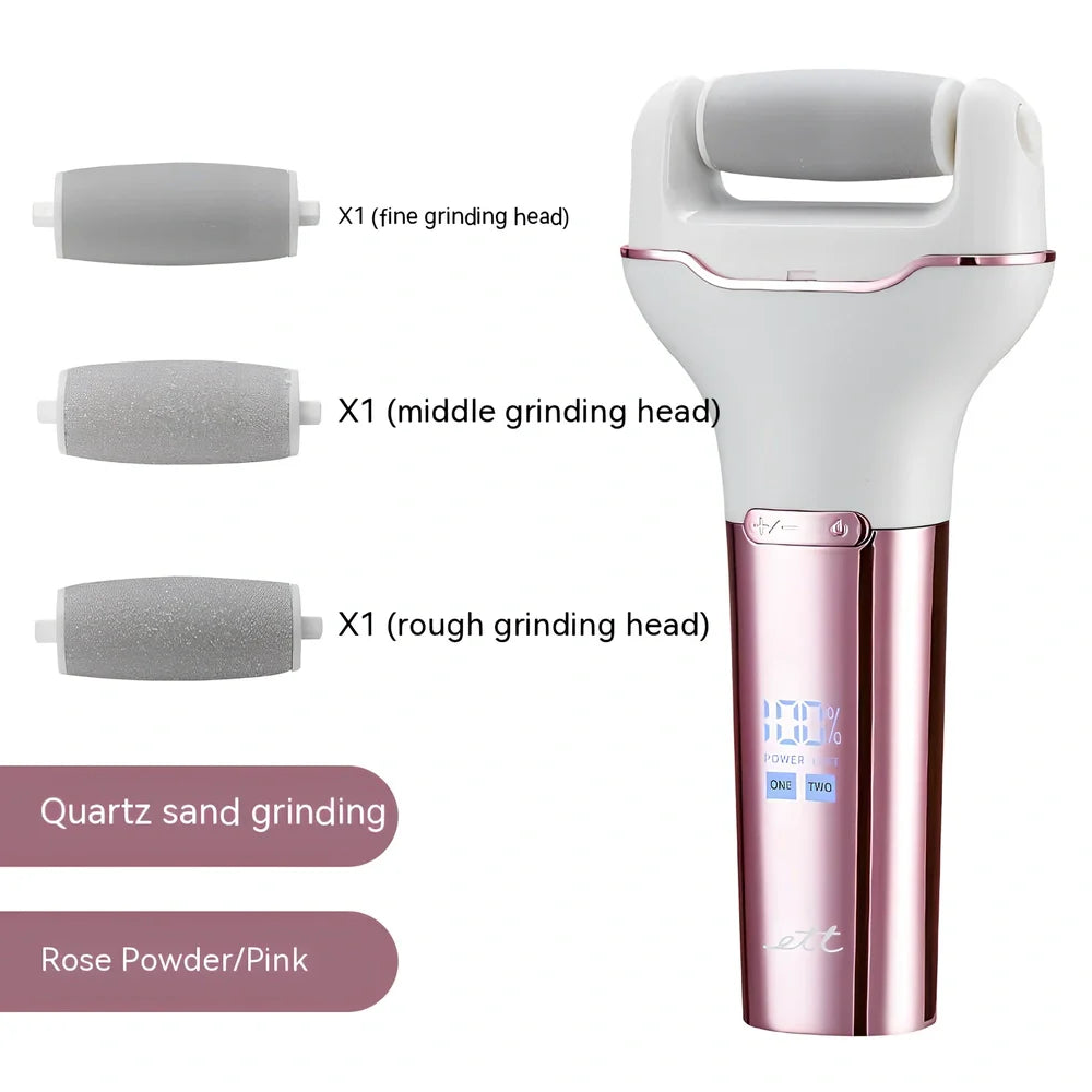 Electric foot grinder with digital display in rose pink colour, showing compact 173×80×30mm waterproof design