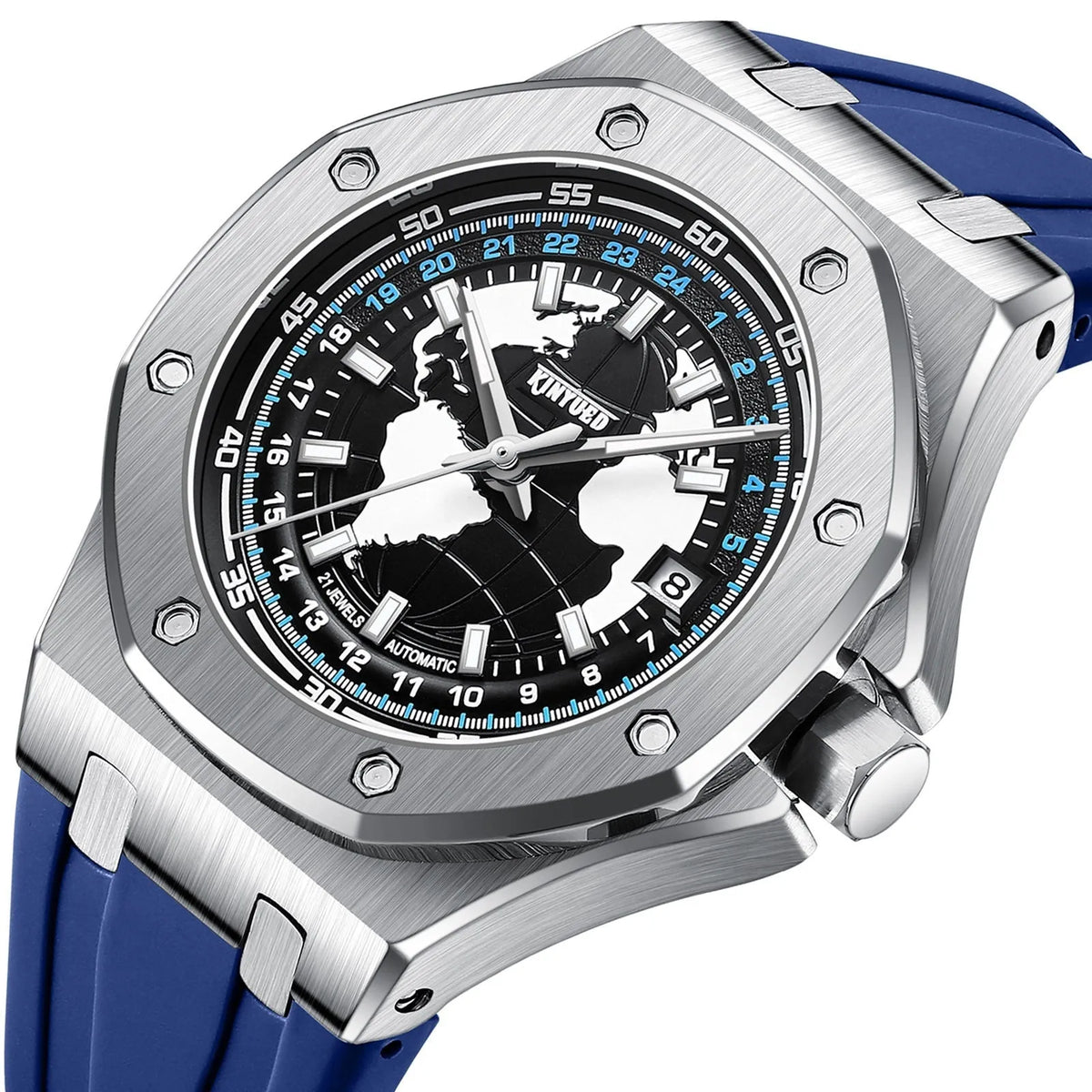Automatic men's hollow mechanical watch with stainless steel strap, round alloy case, 30m waterproof, Black Blue Orange