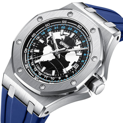 Automatic men's hollow mechanical watch with stainless steel strap, round alloy case, 30m waterproof, Black Blue Orange