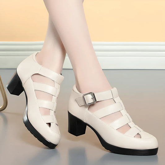 Women's closed toe sandals with chunky heel, woven hollowed pattern and ankle-strap buckle in beige colour
