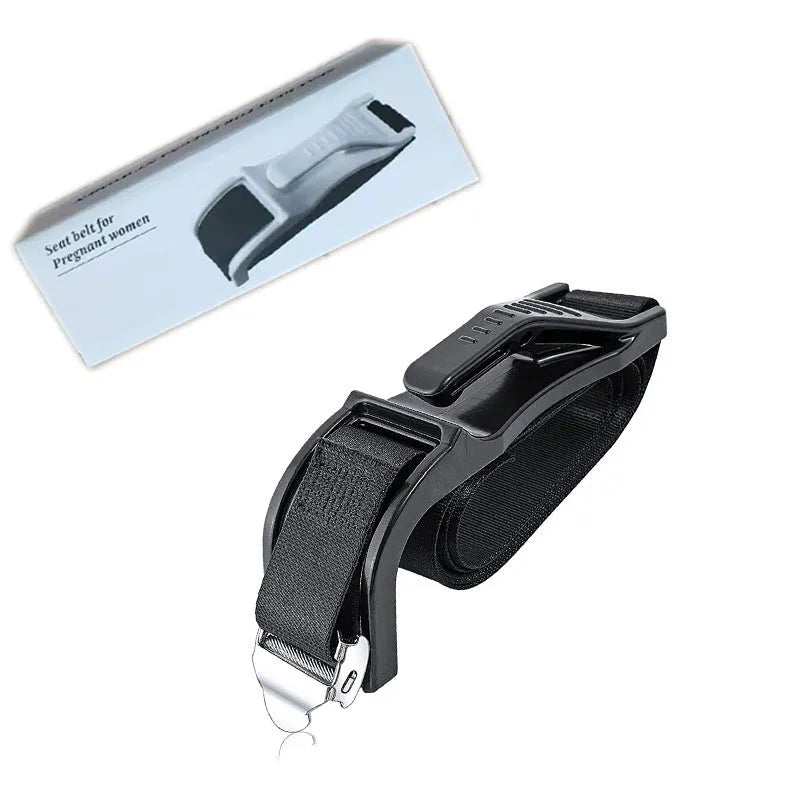 Black ABS plastic pregnancy seat belt adjuster with metal buckle for car safety.