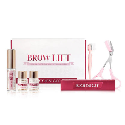 Pink eyebrow perm kit containing scalding suit and keratosis removal tool for complete brow styling