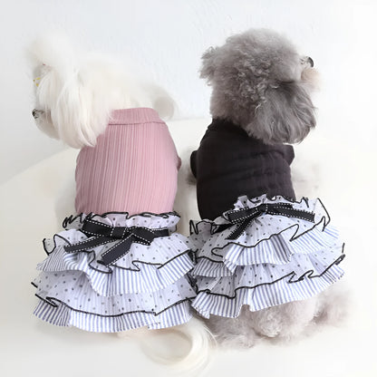 Polka dot lace cake dress pet costume for dogs and cats in princess style with floral trim