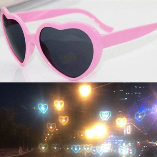 Stylish heart-shaped lighting sunglasses with a plastic frame and resin lenses, creating a mesmerizing effect for romantic occasions