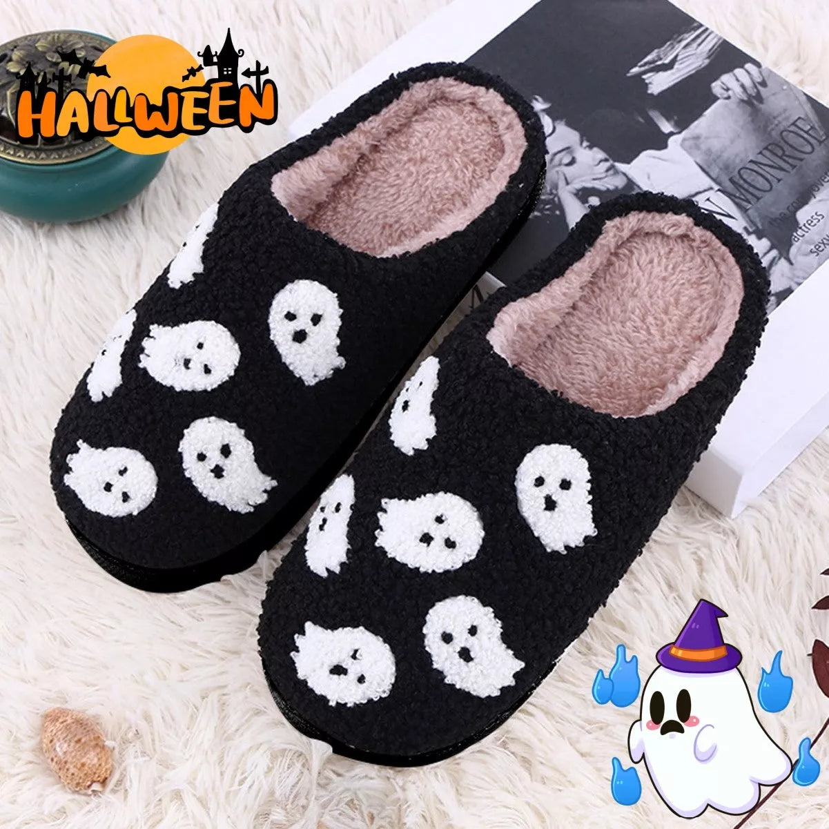 Halloween-themed indoor house shoes with spider ghost design, non-slip sole, and plush lining