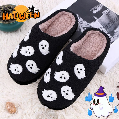 Halloween-themed indoor house shoes with spider ghost design, non-slip sole, and plush lining