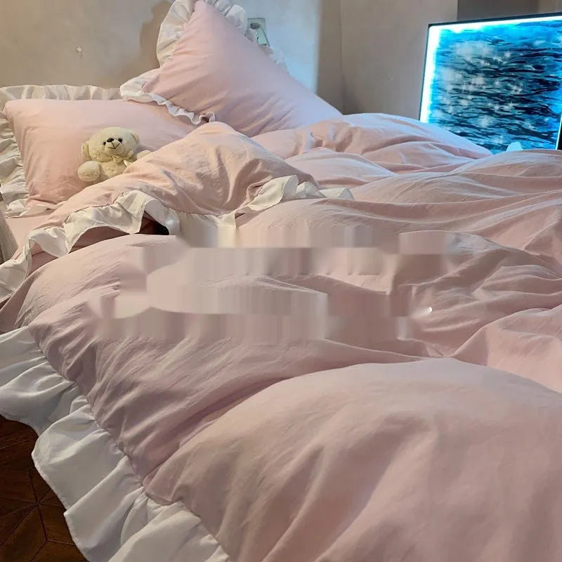 Mori style solid colour linen bedding set with quilt cover, fitted sheet, and pillowcases in creamy green
