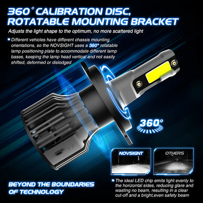 Pair of 6000K white LED car headlight bulbs with adjustable chuck and connector on a dark background.
