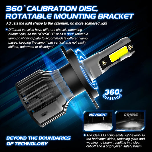 Pair of 6000K white LED car headlight bulbs with adjustable chuck and connector on a dark background.