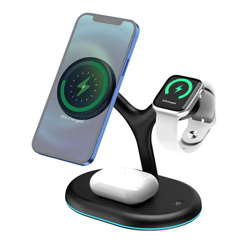 Black magnetic three-in-one wireless charging stand for iPhone Apple Watch and AirPods