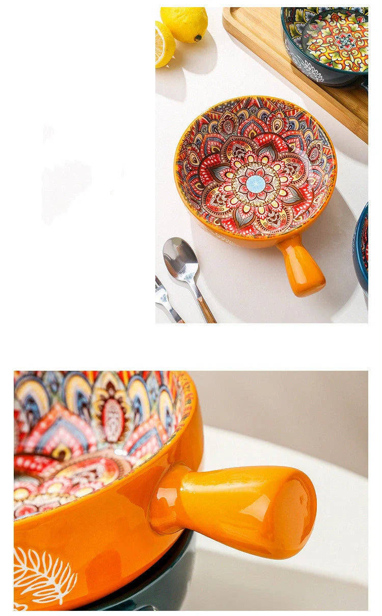 Vibrant ceramic glazed flower handle bowl perfect for salads and desserts