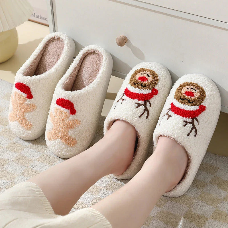 Cozy Christmas slippers in festive designs of Santa Claus, Moose, and Gingerbread Man