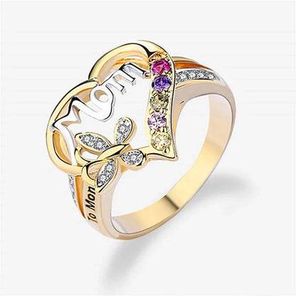Elegant gold-plated heart-shaped ring with multi-colored rhinestone embellishments, a thoughtful Mother's Day gift
