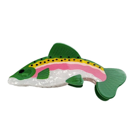 Dark green PVC hair clip with detailed rainbow trout fish design and scale pattern printing