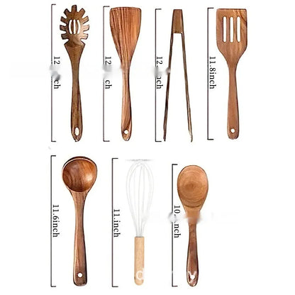 7-piece wooden kitchen utensil set with spoon, spatula, and soup spoon on a table