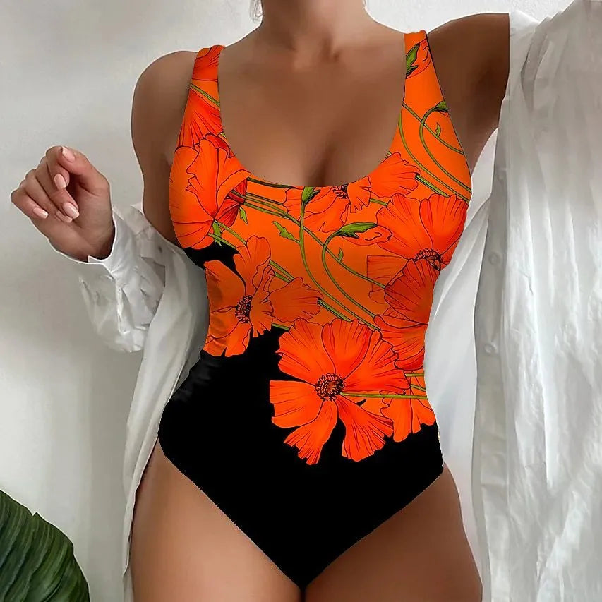 Women's orange red 3D printed one-piece swimsuit with Lycra lining on a mannequin.