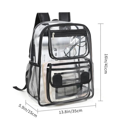 Transparent PVC travel backpack showing contents through clear material with 50 litre capacity