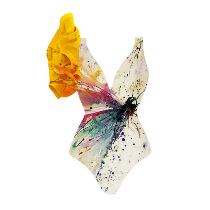 Yellow women's one-piece swimsuit with conservative belly coverage design
