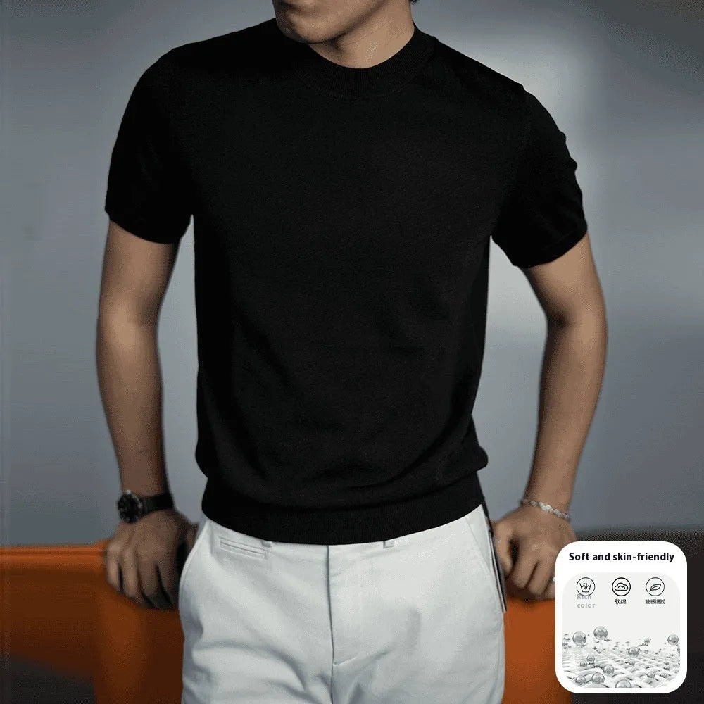 Men's solid colour knitted T-shirt with round neck and short sleeves on a hanger.