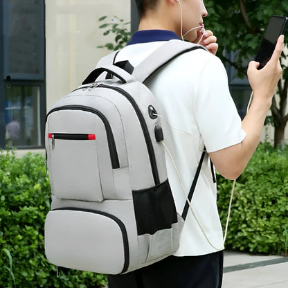 Oxford cloth insulated backpack in light grey with curved shoulder straps and dry-wet separation compartments