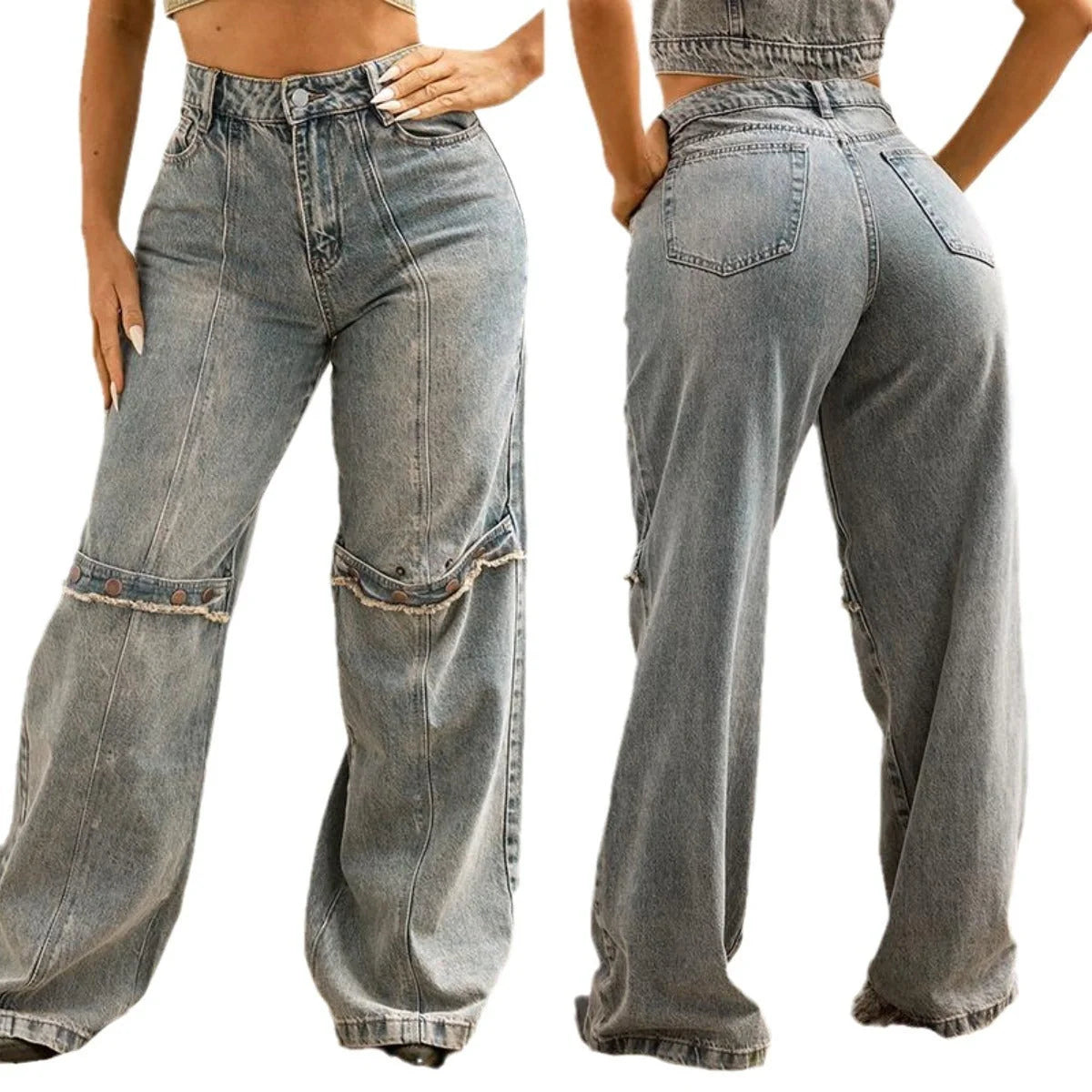 Stylish Y2K-inspired wide-leg denim jeans for women in a relaxed, comfortable fit and classic blue color