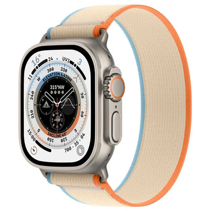 Nylon Apple Watch strap with single-ring closure in black and grey colour combination.