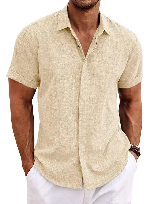 A versatile linen shirt in various colors, featuring a standing collar and short sleeves for a modern, tailored look.