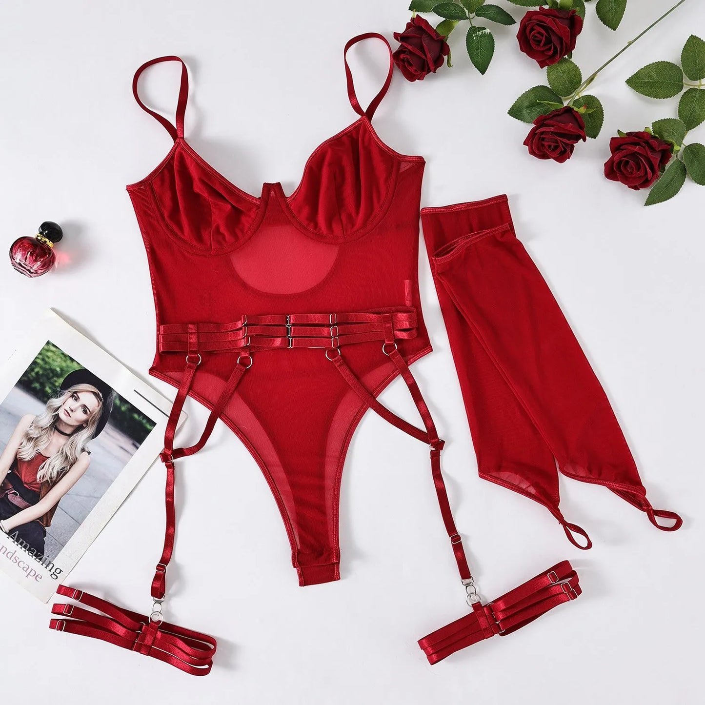 See-through jumpsuit with mesh panels in various colours including black, red, and light blue, sizes S, M, L for female wearers.