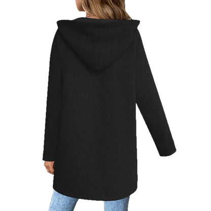 Loose mid-length cardigan coat for women in polyester fabric with pockets