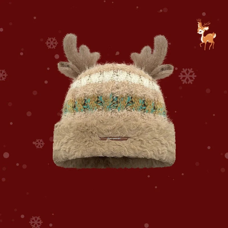 Cozy knit Christmas hat with playful deer antler design in various festive colors